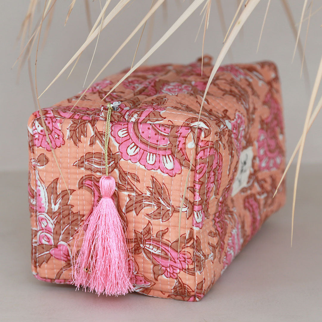 Blockprint toiletry bag Fez coral flower M