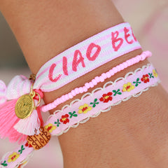 Geweven armband cotton flower roze