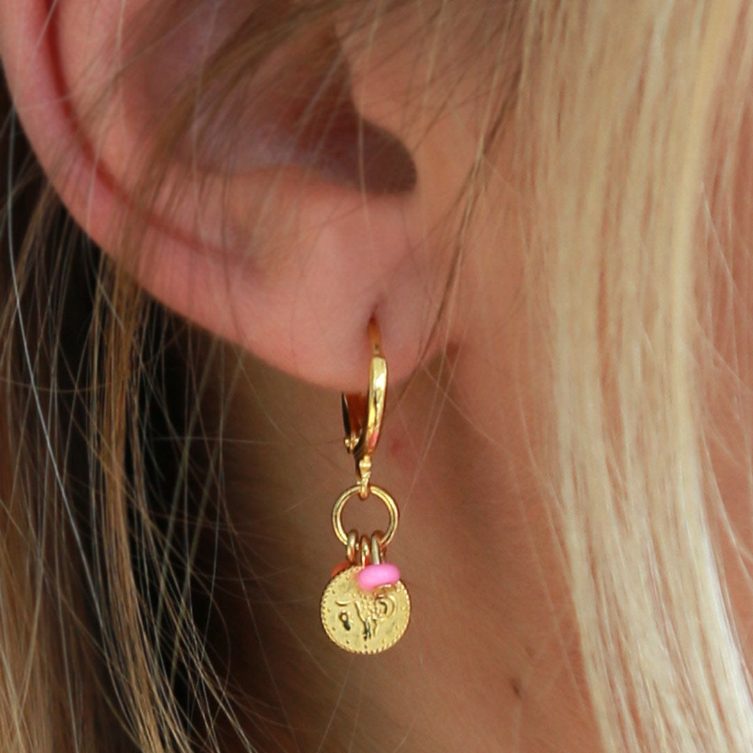 Gold earrings coin orange pink